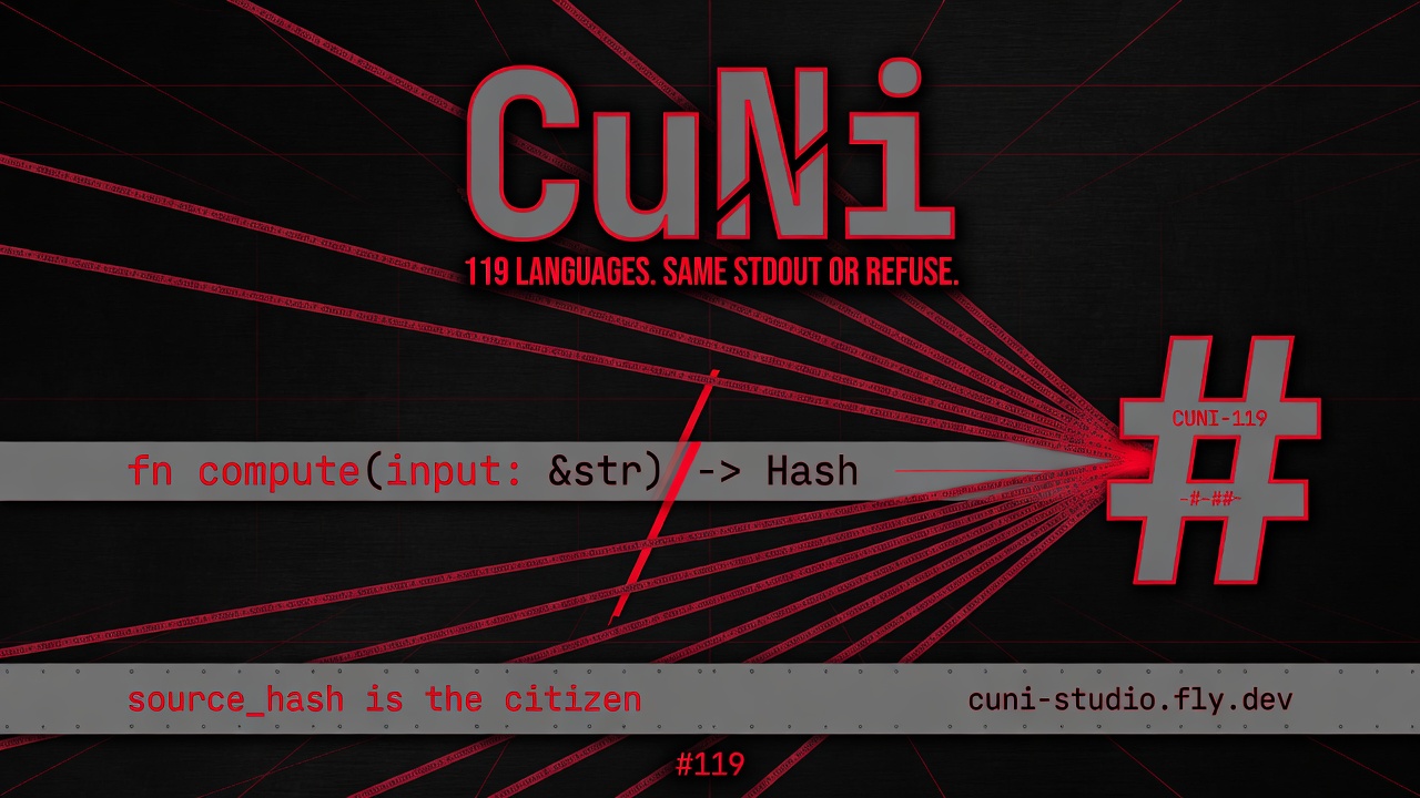CuNi: 119 languages. Same stdout or refuse. source_hash is the citizen.
